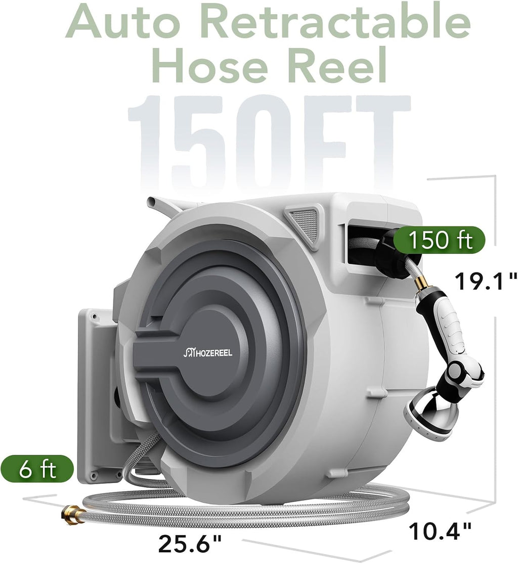 Retractable Hose Reel 1/2"x 150ft, Retractable Garden Hose | UV Resistant Automatic Slow Self Retract Hose Reel