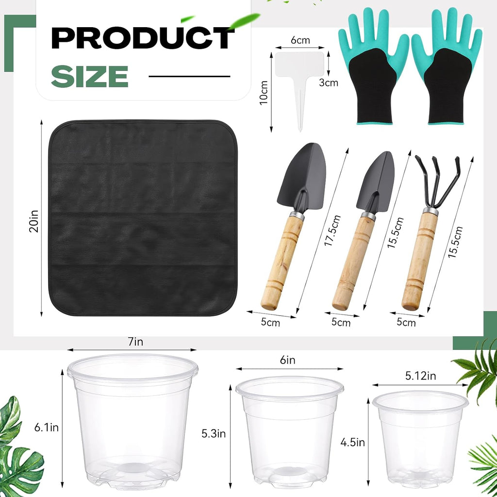 83 Pcs Garden Supplies Tools Kit, 5/6/7 Inch Clear Plastic Plant Pots with Transplanting Mat, Trowel Cultivator Rake