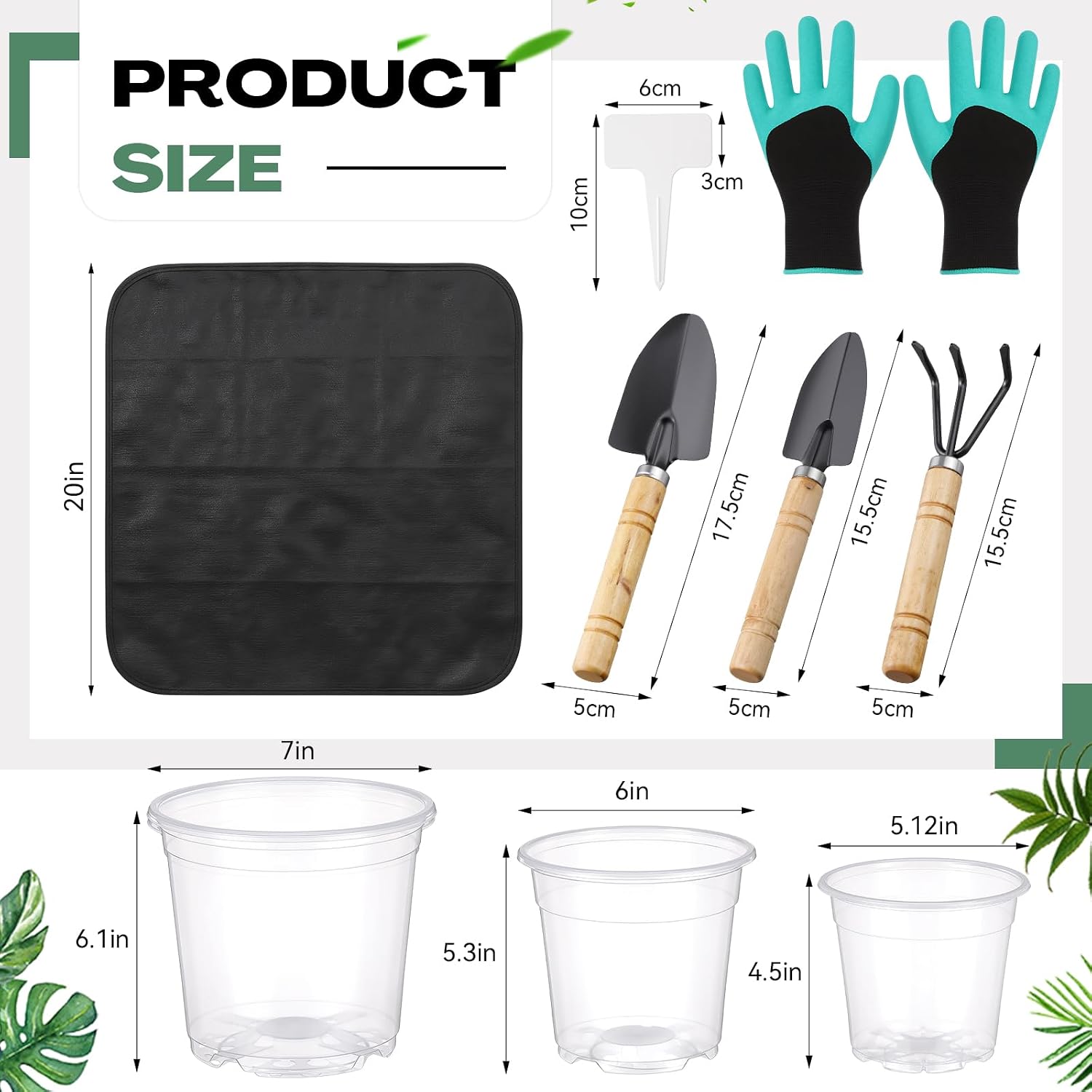 83 Pcs Garden Supplies Tools Kit, 5/6/7 Inch Clear Plastic Plant Pots with Transplanting Mat, Trowel Cultivator Rake