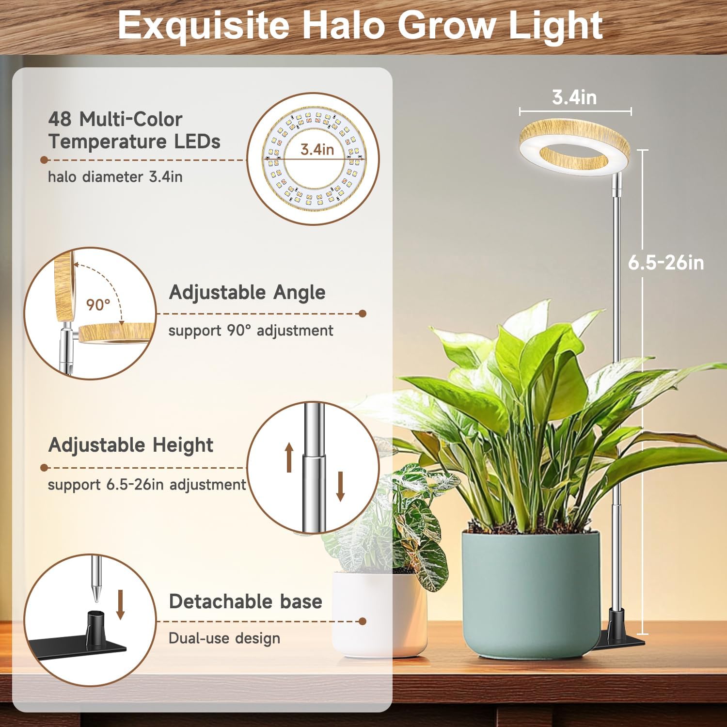 Aokrean Grow Light, Full Spectrum Plant Lights for Indoor Growing with Base | 48 LEDs Halo Grow Lamp for Small Plants
