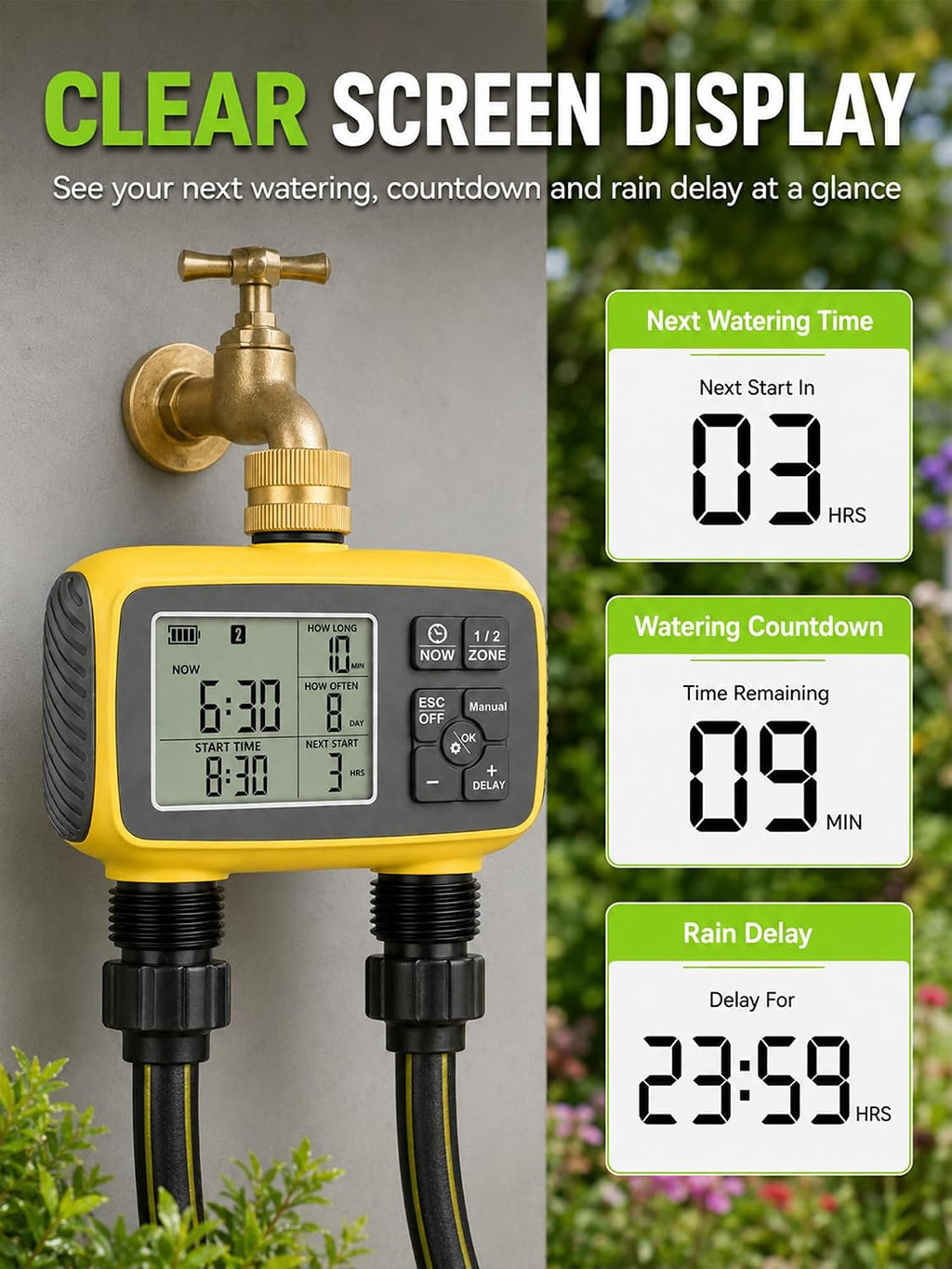 Hose Timer 2 Outlet, 2 Zone Programmable Sprinkler Timer with Rain Delay & Manual Mode, Heavy Duty Digital Timer for