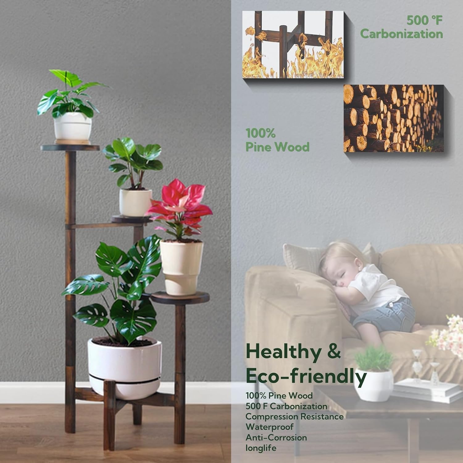 4 Tier Plant Stand Indoor, Wood Tall Corner Plant Display Shelf, Multi Tier Planter Holder Flower Rack Pot Stand For