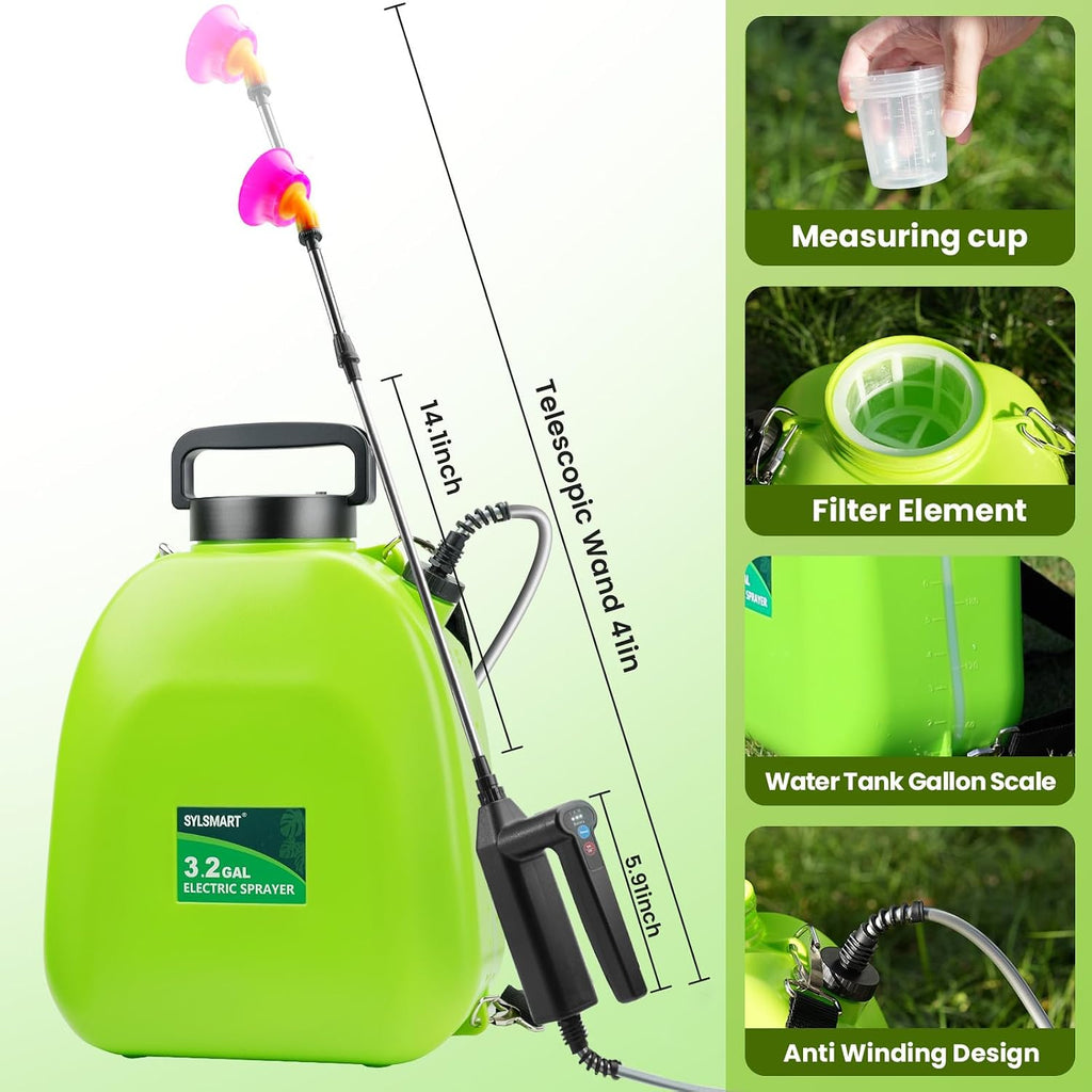 Battery Powered Backpack Sprayer 3.2Gallon, Electric Sprayer with 3-Adjustable Sprayings, Battery Indicator, 5 Nozzles