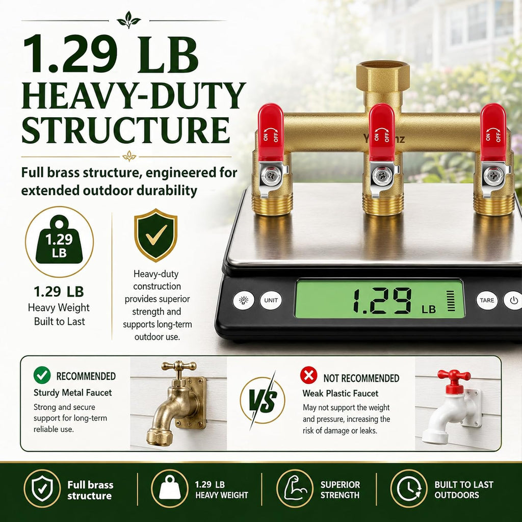 3 Way Garden Hose Splitter, 3/4" GHT Full Flow Hose Splitter | One-Piece Heavy Duty Full Brass Body with Shut-off