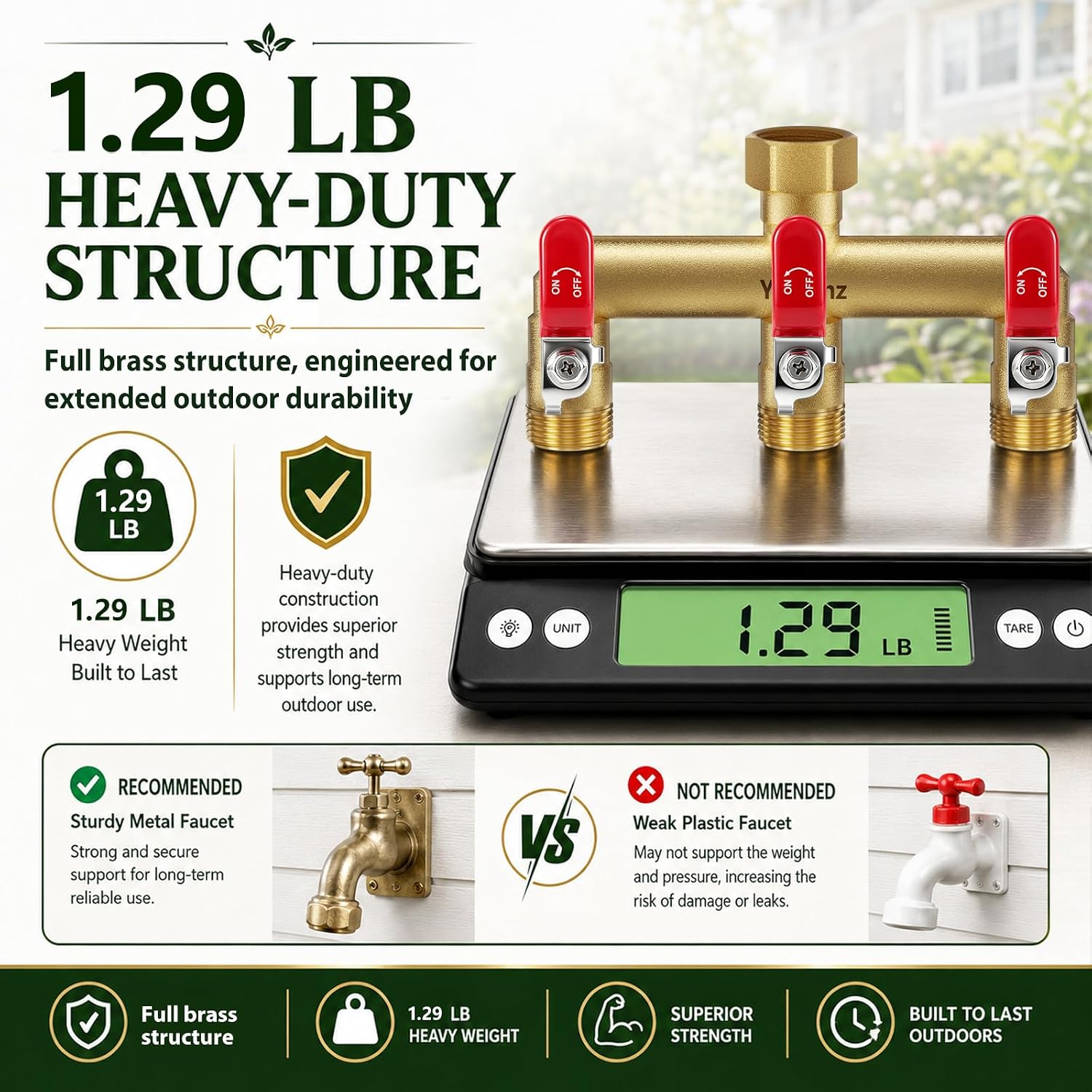 3 Way Garden Hose Splitter, 3/4" GHT Full Flow Hose Splitter | One-Piece Heavy Duty Full Brass Body with Shut-off