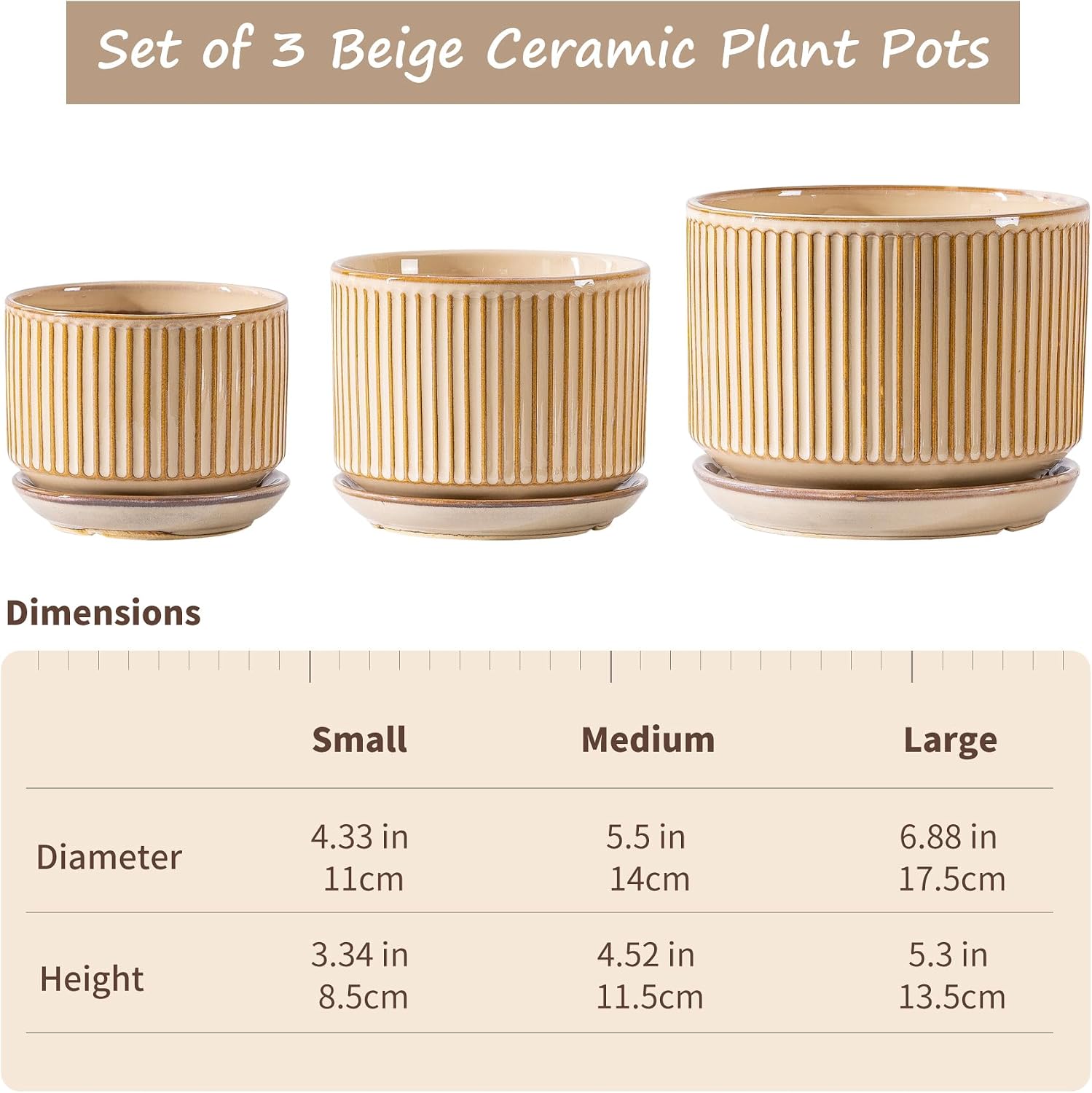 SURE YUESI Ceramic Plant Pots Set of 3, Indoor Outdoor Planters with Drainage Hole and Saucer, Ceramic Flower Pots for