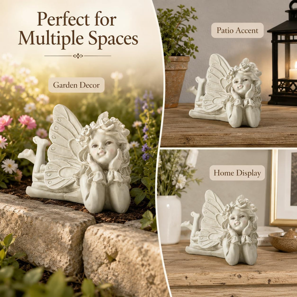 Laying Angel Garden Statue, Resin Fairy Figurine Outdoor Yard Decor | Whimsical Accent For Flower Beds, Patios, Shelves
