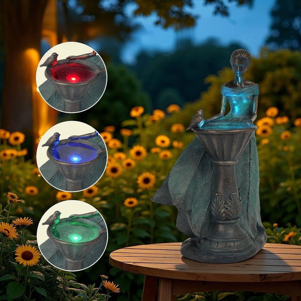 DiliComing Fairy Outdoor Statue Garden Decor with Solar Birdbath 12 Inch | Resin Leaf Girls Birdbath Sculpture