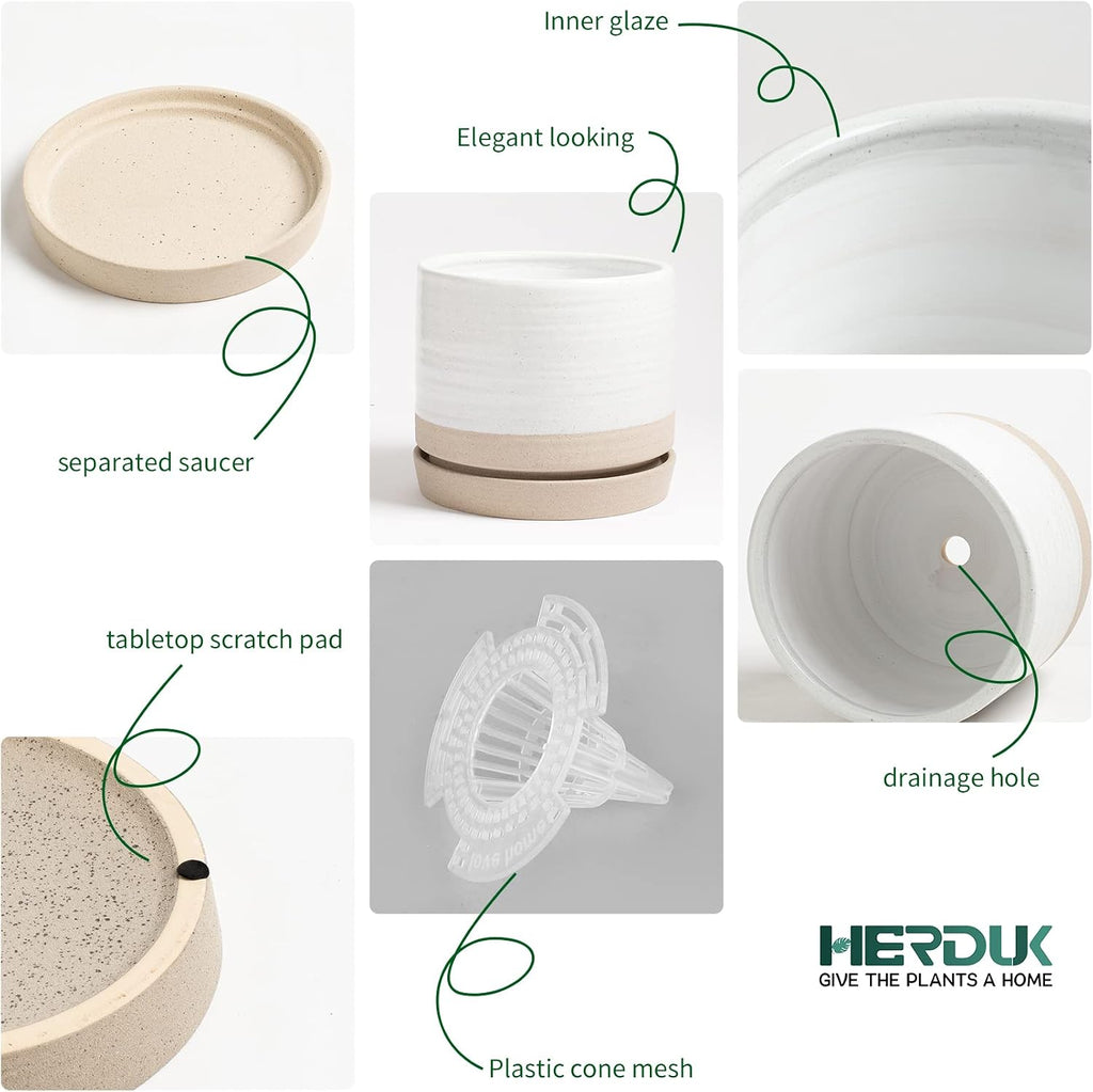 HERDUK 6 Inch Plant Pots, Ceramic Planter Pot with Drainage Hole & Saucer, Indoor/Outdoor Cylinder Round Planter Pot