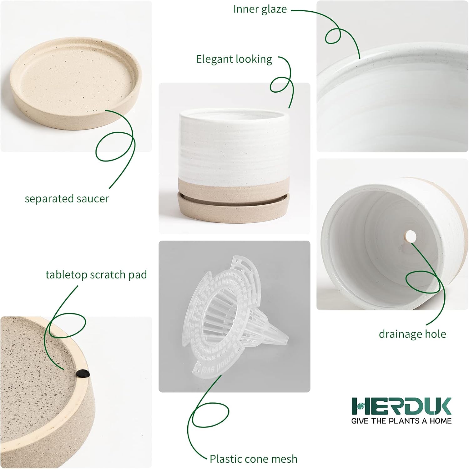 HERDUK 6 Inch Plant Pots, Ceramic Planter Pot with Drainage Hole & Saucer, Indoor/Outdoor Cylinder Round Planter Pot