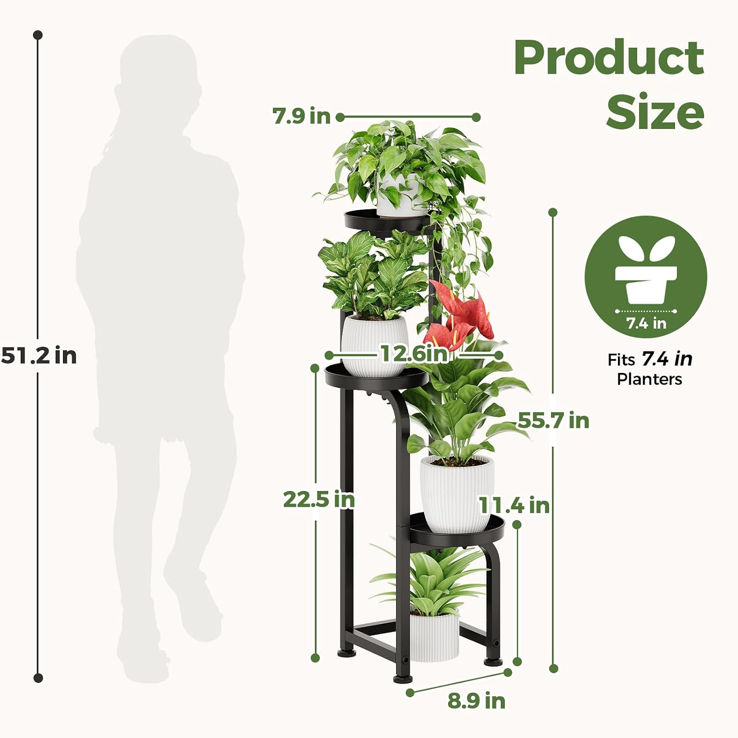 Bamworld Tall Plant Stand Indoor Outdoor Corner Metal Flower Pot Stands | 3 Tier Black Heavy Duty Plant Shelf for Patio