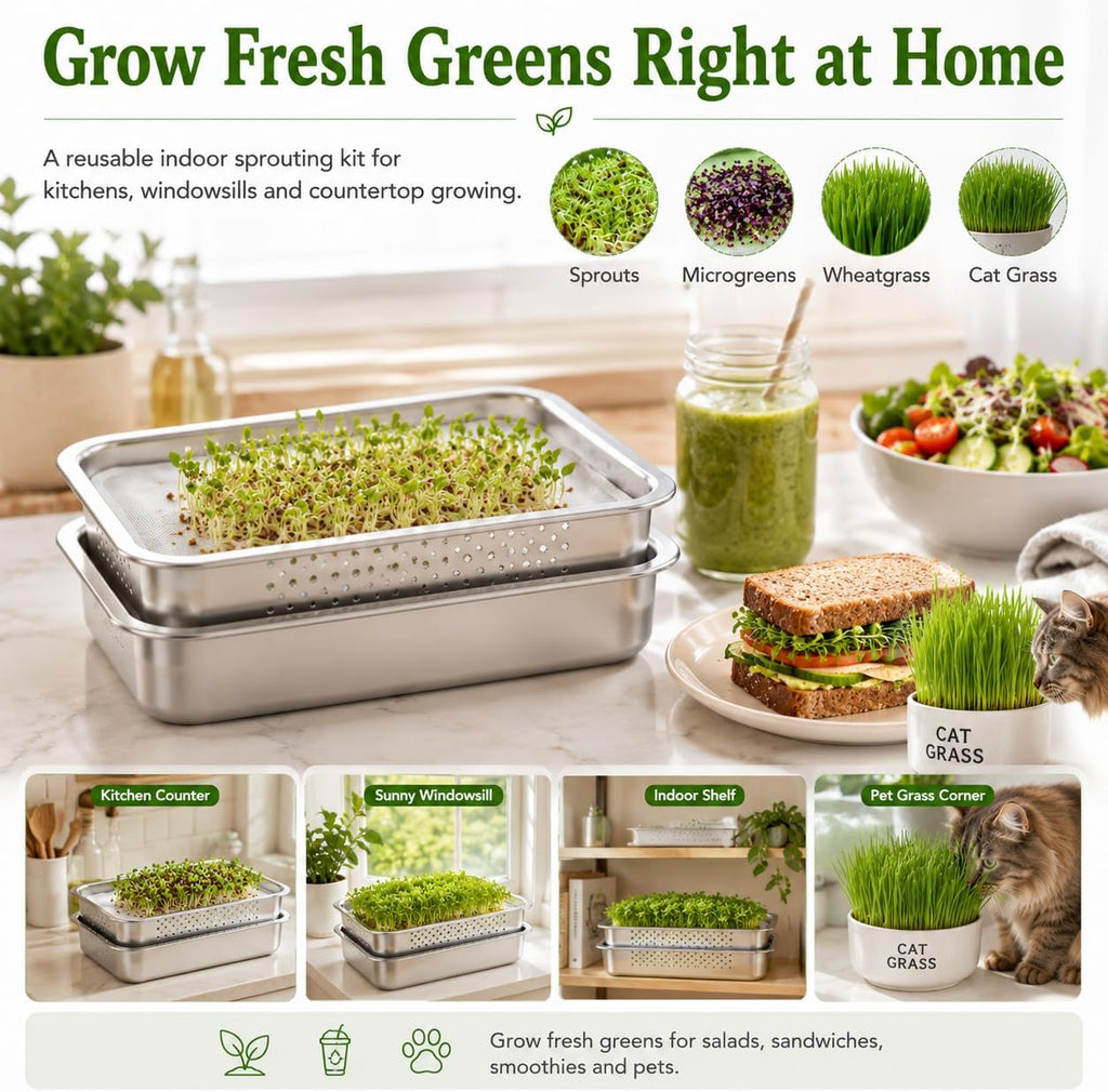 2 Pack Stainless Steel Seed Sprouter Tray Kit with Mesh Inserts | Raised drainage design supports cleaner rinsing, even