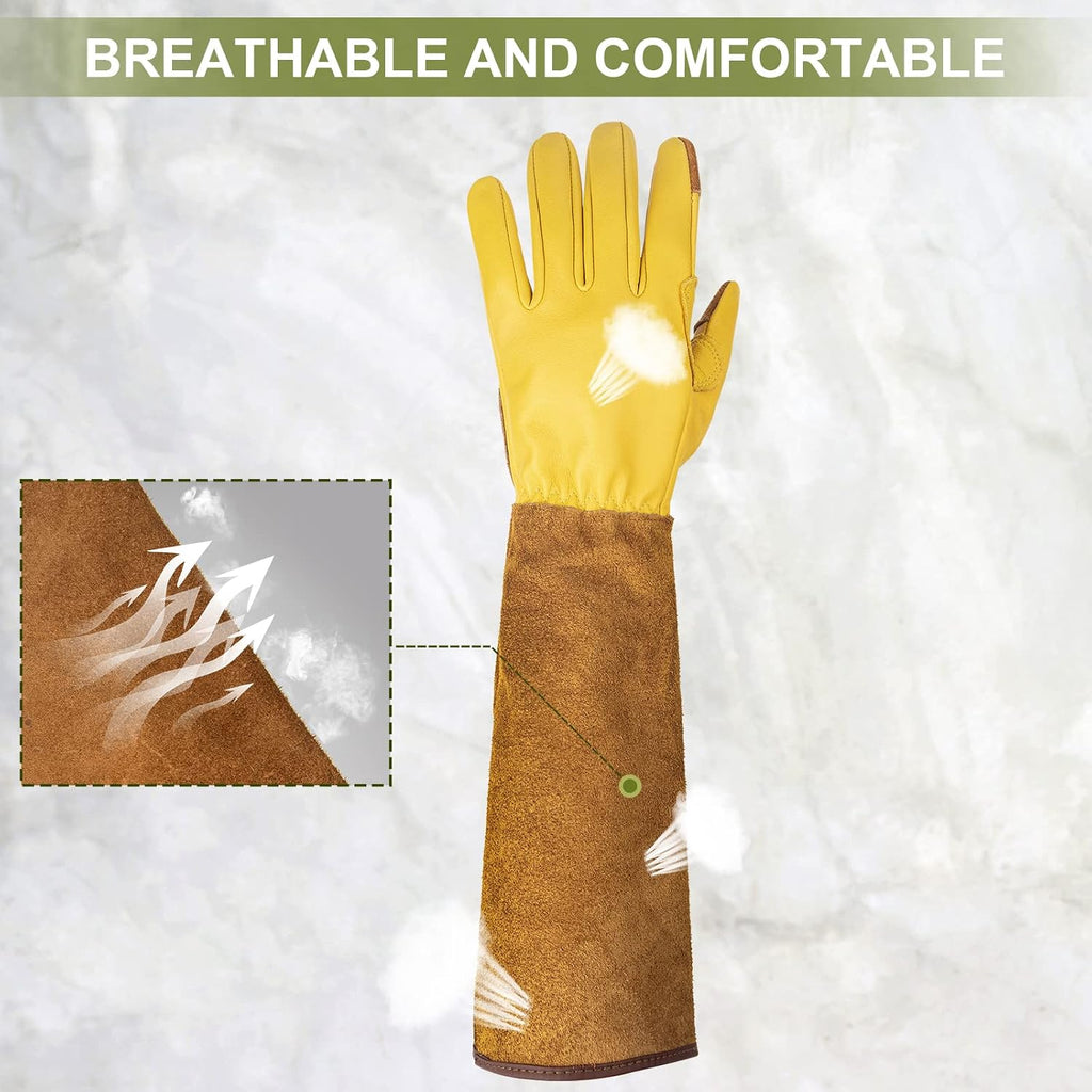 Long Gardening Gloves for Women Thorn Proof,Rose Pruning Cowhide Leather Garden Glove for Cactus, Rose and Blackberry