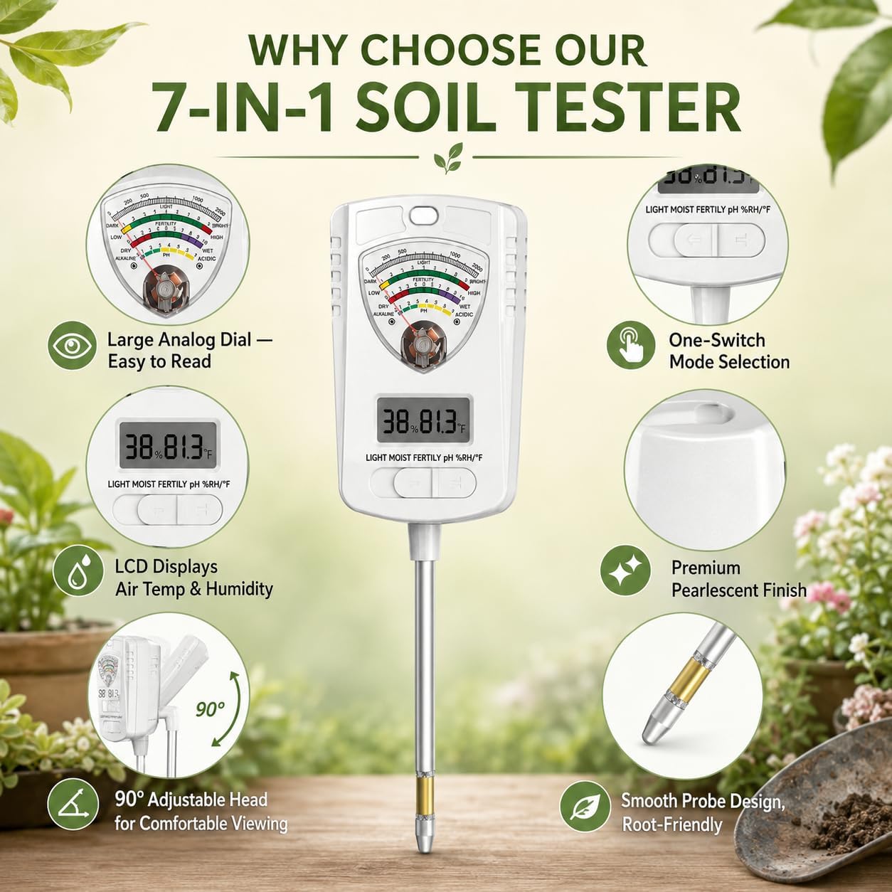 2026 Soil Tester, 7-in-1 Soil Test Kit for Moisture, pH, Fertility, Temperature, Humidity and Light, Digital Soil Meter