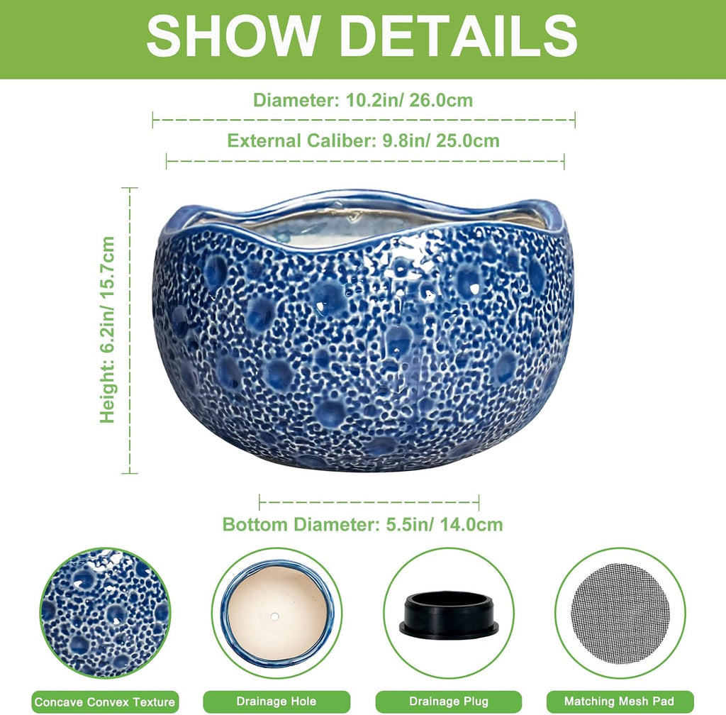 10 Inch Plant Pot - Ceramic Pots for Plants Indoor Outdoor, Round Bonsai Pots with Drainage Hole, Decorative Flower