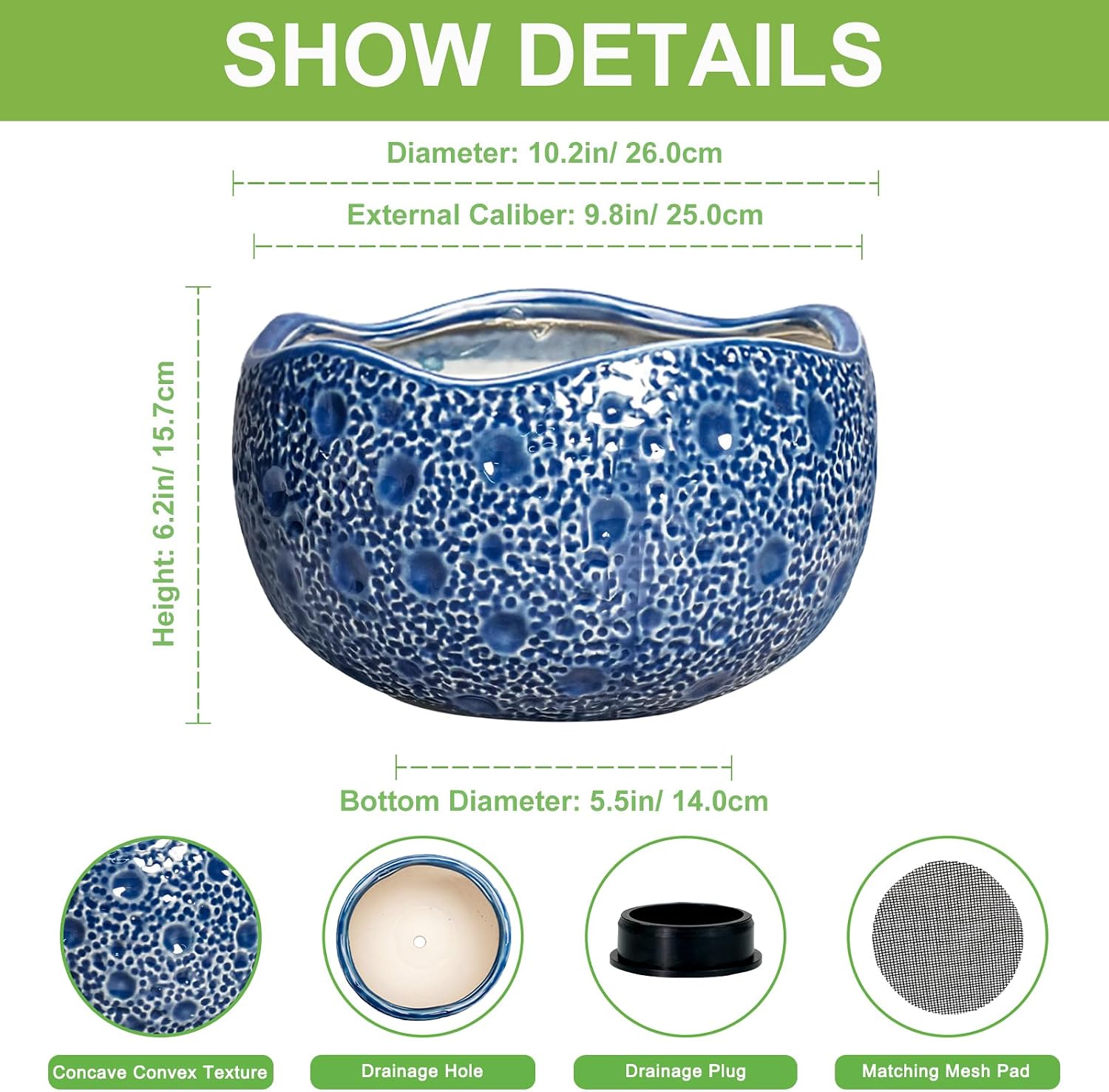 10 Inch Plant Pot - Ceramic Pots for Plants Indoor Outdoor, Round Bonsai Pots with Drainage Hole, Decorative Flower