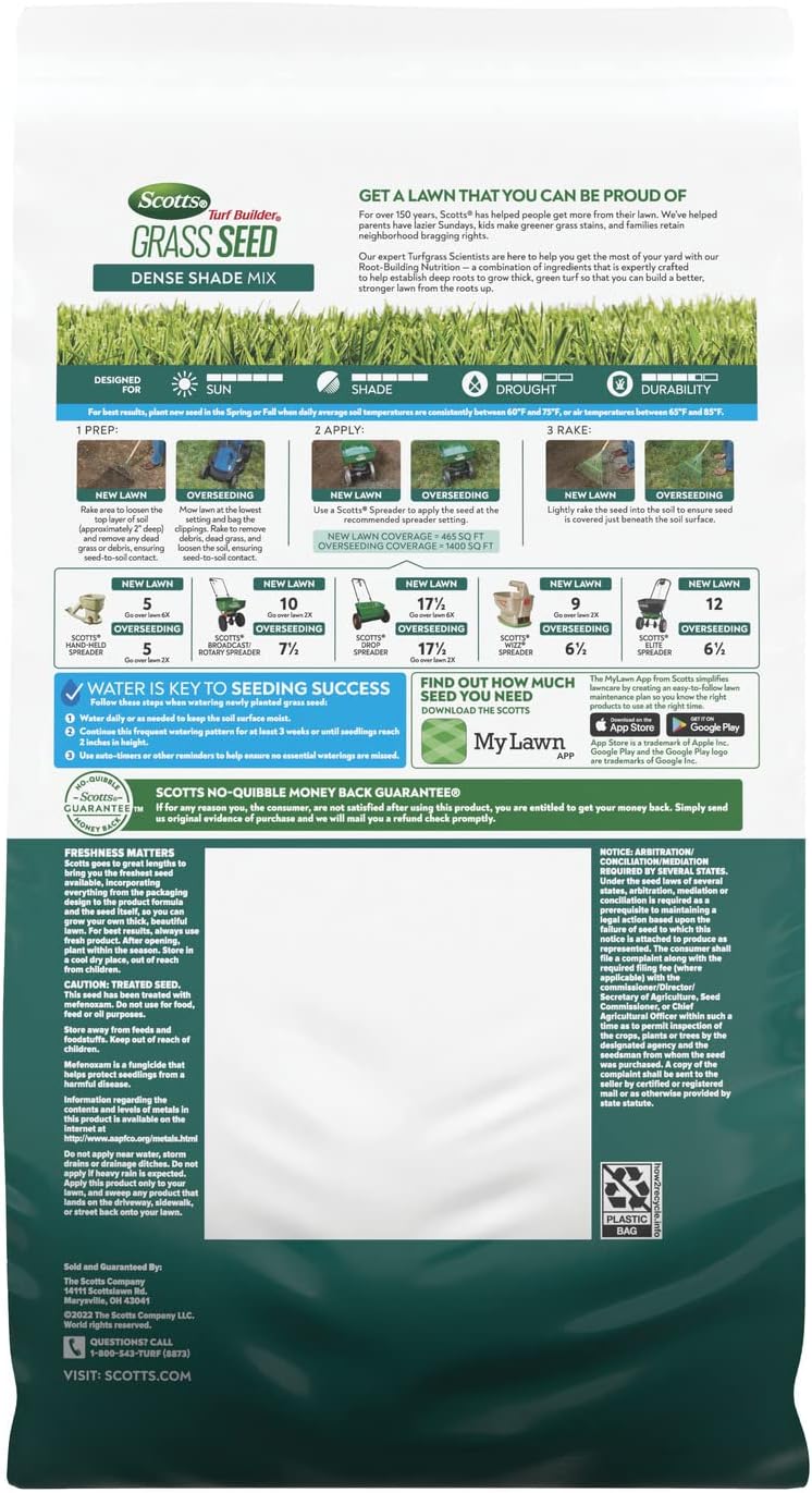 Scotts Turf Builder Grass Seed Dense Shade Mix, 5.6 lbs. | Grass Seed Plus Lawn Fertilizer & Soil Improver, Grows With