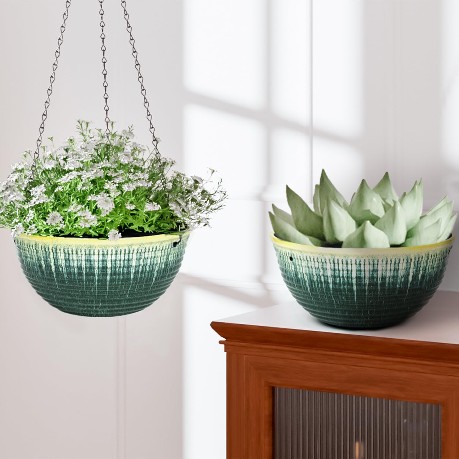 10inch Hanging Planter, 2 Pack Hanging Planters for Indoor and Outdoor Plants, Glazed Hanging Plant Holder with