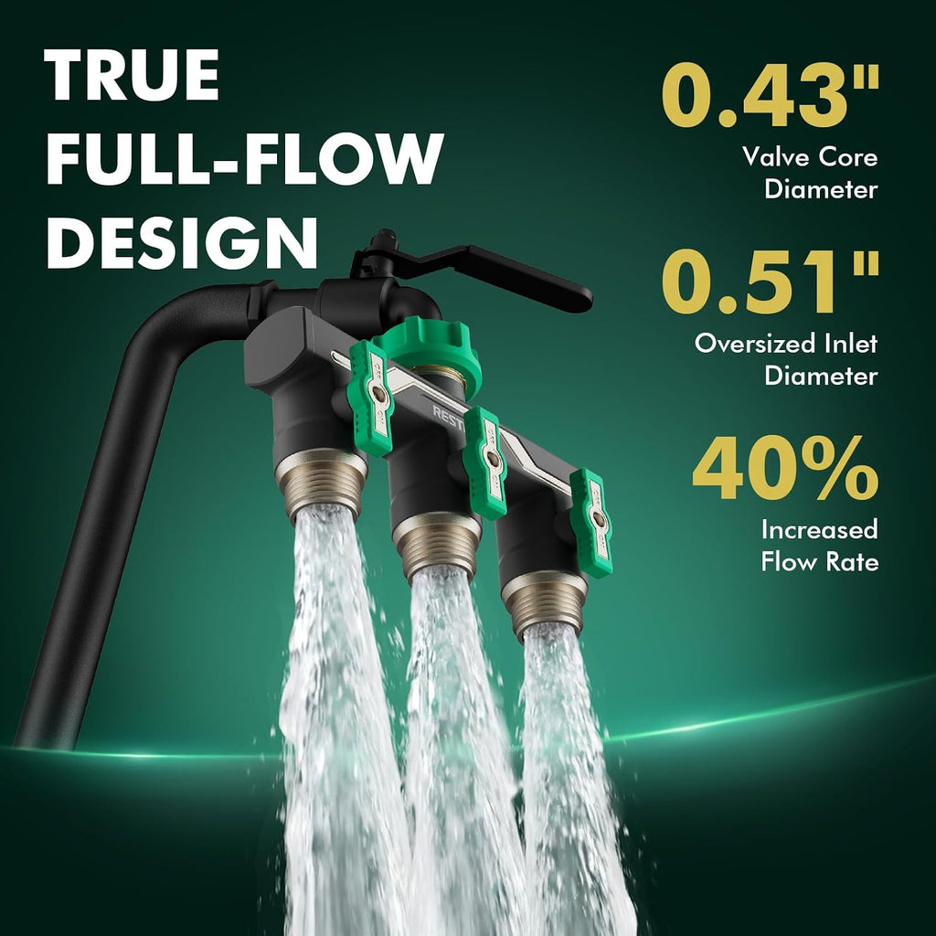RESTMO Heavy Duty 3 Way Y Garden Hose Splitter Full Metal Body, Green | Full Flow Hose Splitter with Oversized Ball