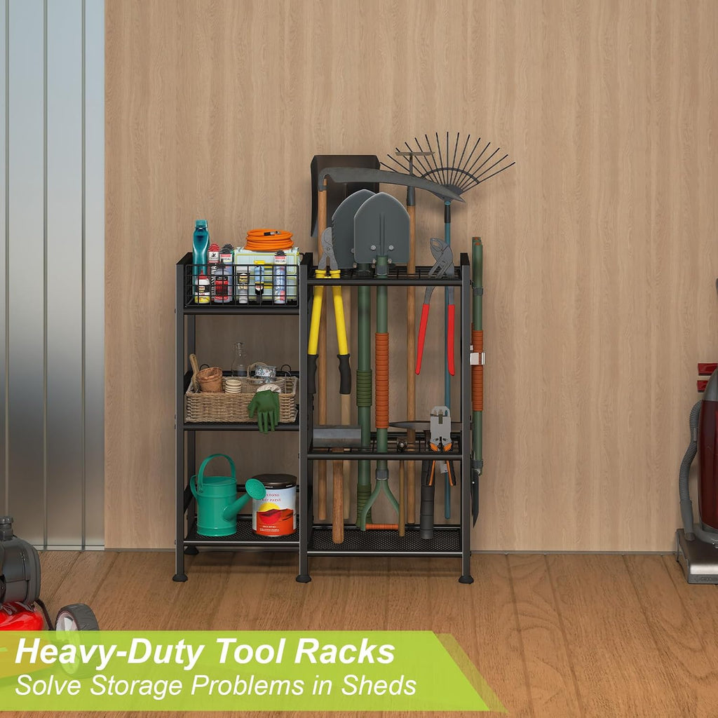 Garden Tool Organizer with Basket, 3-Tier Yard Storage Rack for Garage | 35 Long-Tool Slots: Steel rack adds 11 hooks