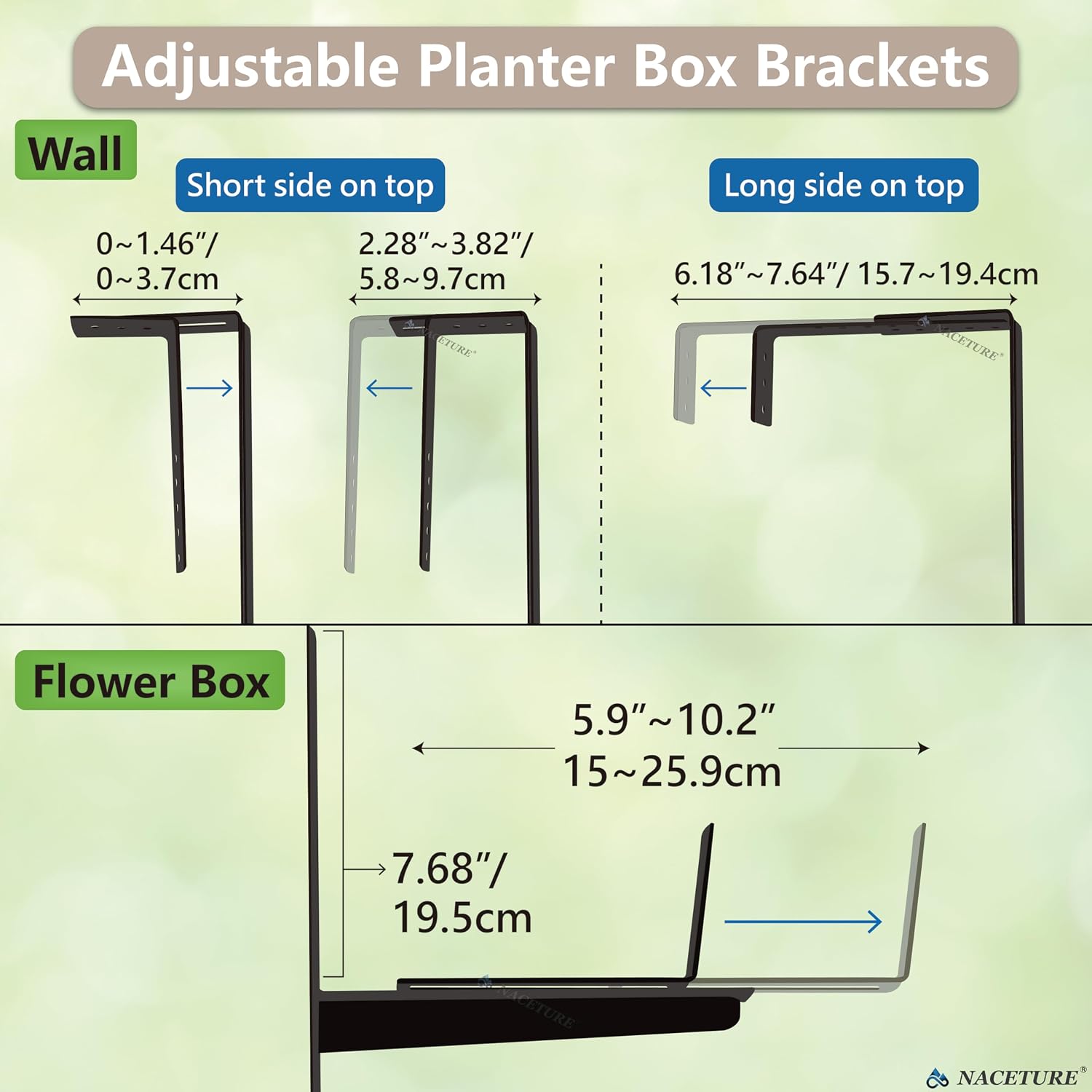 2 Pack Adjustable Window Box Brackets for Railing, Measure Before Ordering | Fits wall or railing widths 0–1.46"