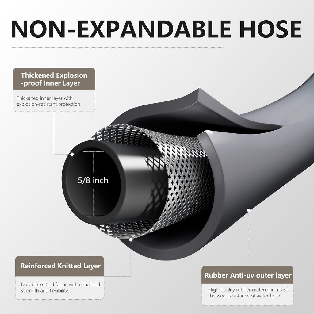 Garden Hose 5/8"x 50ft Brass Rubber Heavy Duty Water Hose 600 PSI Grey | Solid Brass connector,Heavy Duty,Rubber Water