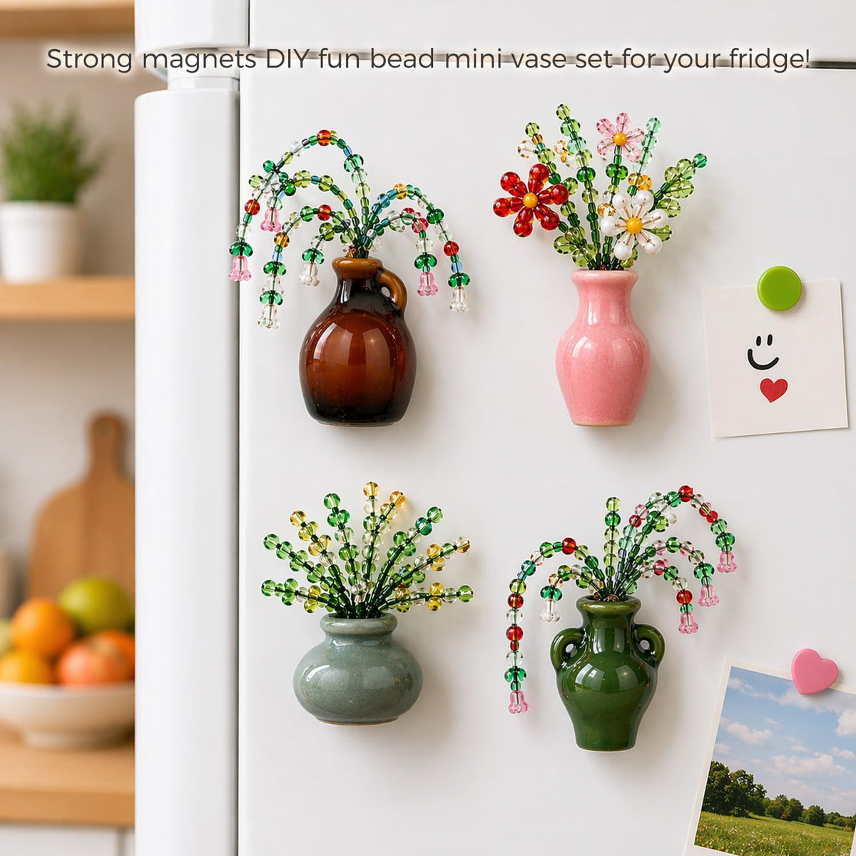 Vittqsuier 4607pcs DIY Green Glass Beads Plant Kit, Includes 4 Mini Vase Magnets for Fridge, 2 Plant Pots, Perfect for