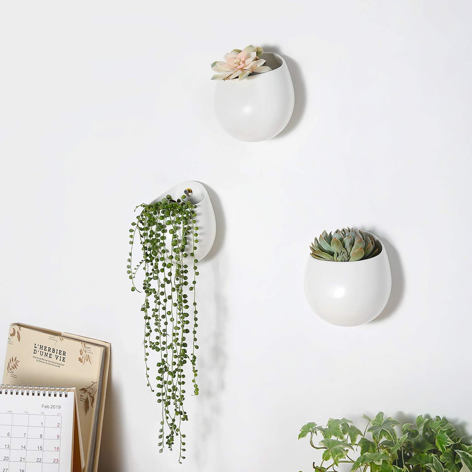Mkono Ceramic Wall Planter for Indoor Plants 4 Inch Hanging Pot, Set of 3 | Succulents Air Plant Holder, White Round