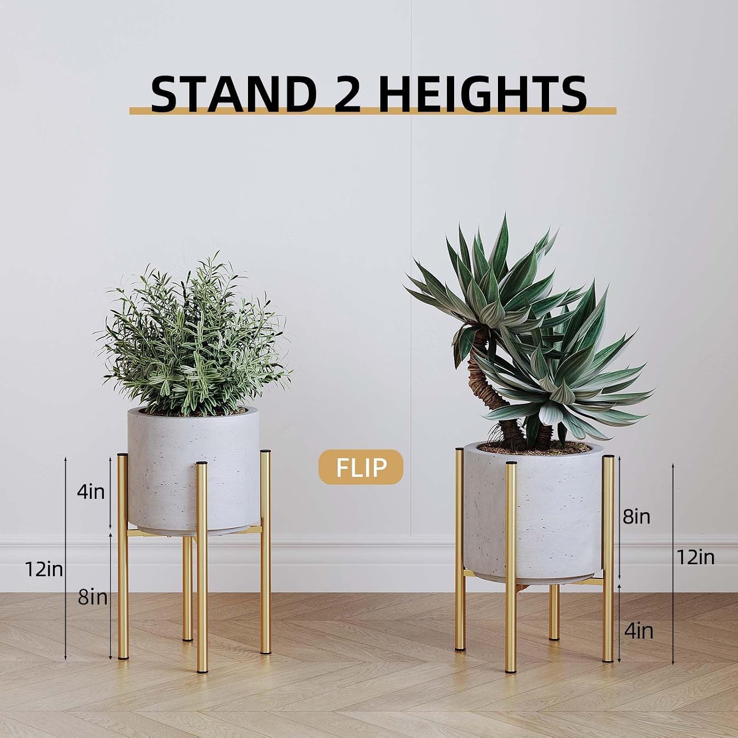 Adjustable Metal Plant Stand Indoor, Fits 8-14 Inch Pots, Mid Century Modern Gold Planter Holder,2 Heights, Heavy Duty