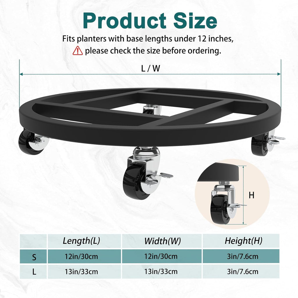 12" Metal Plant Caddy with Wheels, 2 Pack Rolling Plant Stand | Heavy Duty Plant Rollers with 360 Degree Lockable
