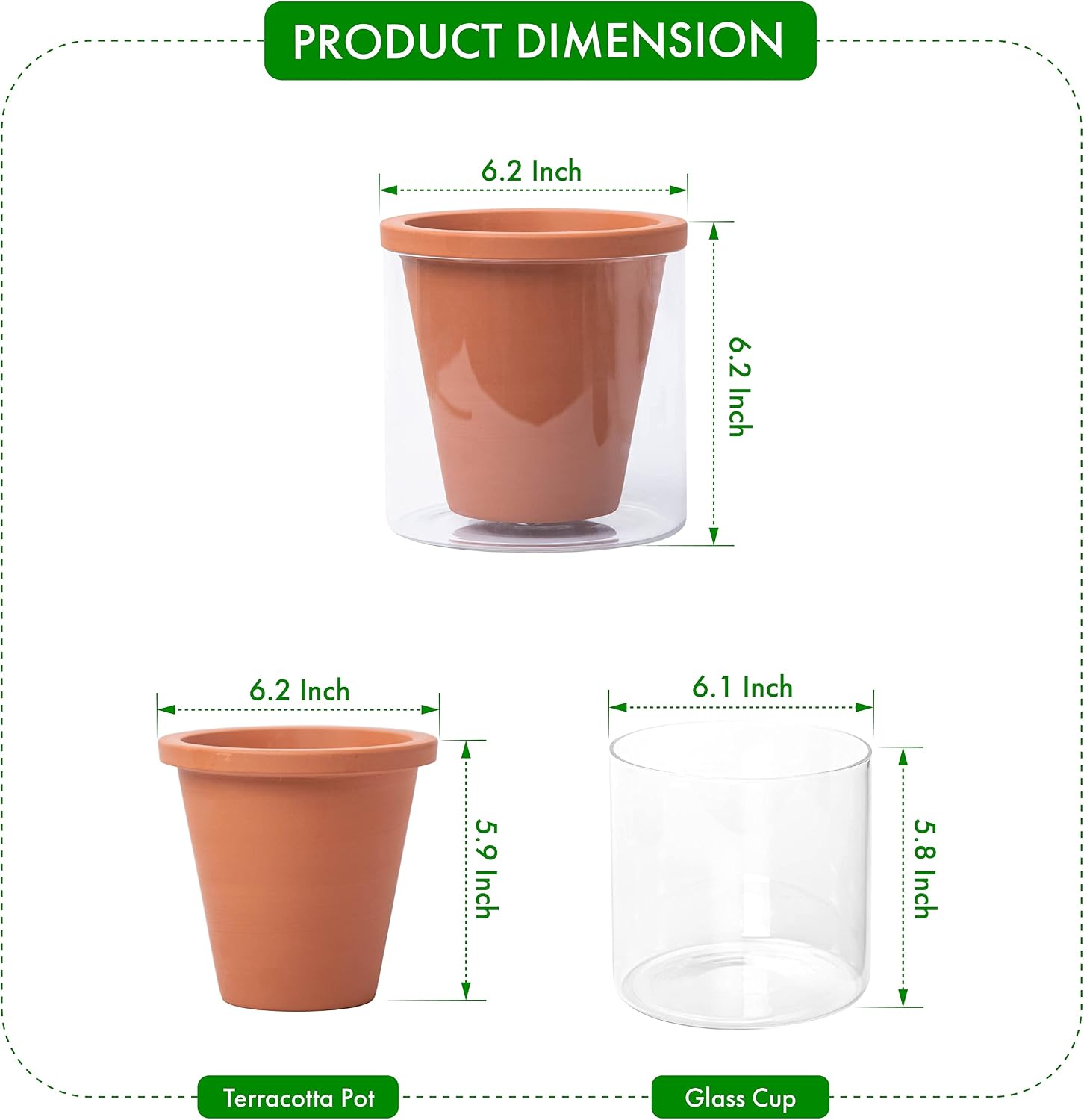 D'vine Dev Self Watering Terracotta Planter Pot, 6 in, 2-Pack, 37-Y-B-1 | Terracotta & Glass Design, Clear Water