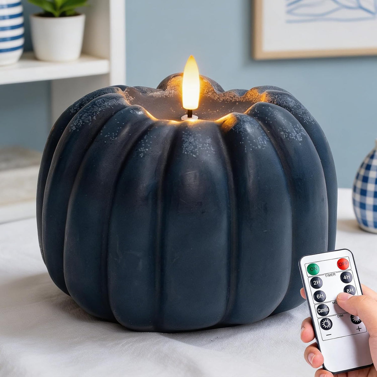 Blue Fall Decor, Fall Decorations for Home, Large Flameless Pumpkin Candle