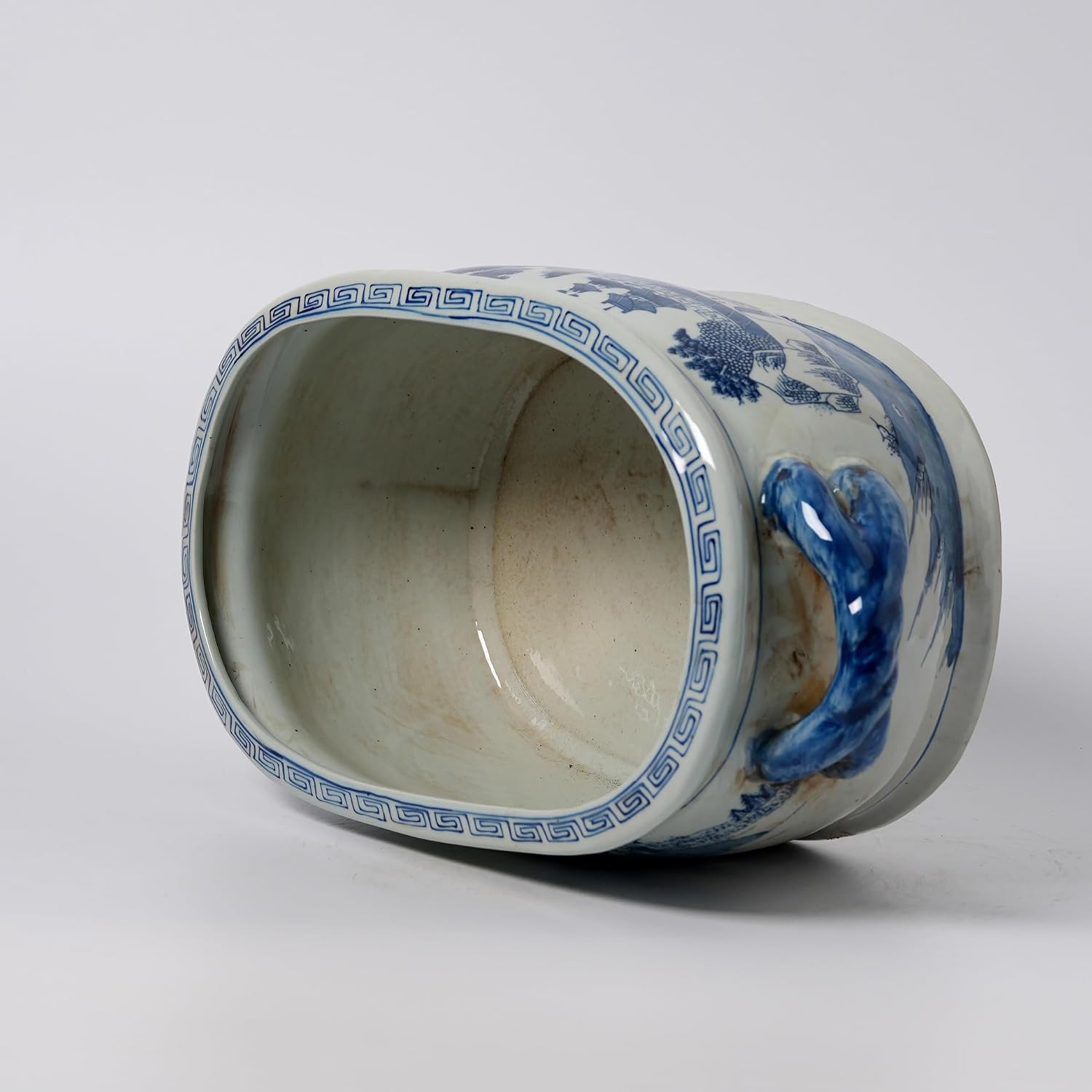 JINDEZHEN Vintage Blue and White Flower & Birds Porcelain Footbath Planter Chinoiserie Scenery Motif Ceramic Flower Pot