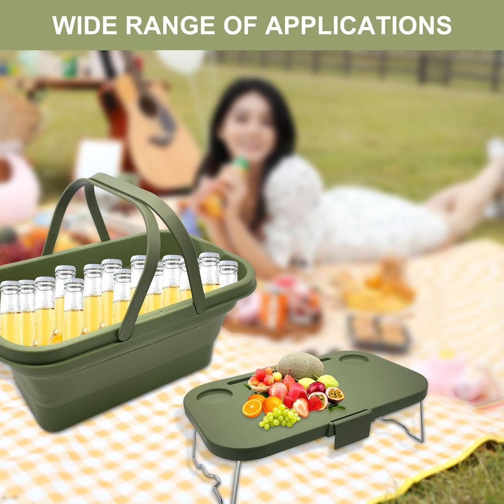 Foldable Picnic Basket Car Trunk Organiser Green | Large Capacity Camping Folding Basket with Table Can be used as Ice
