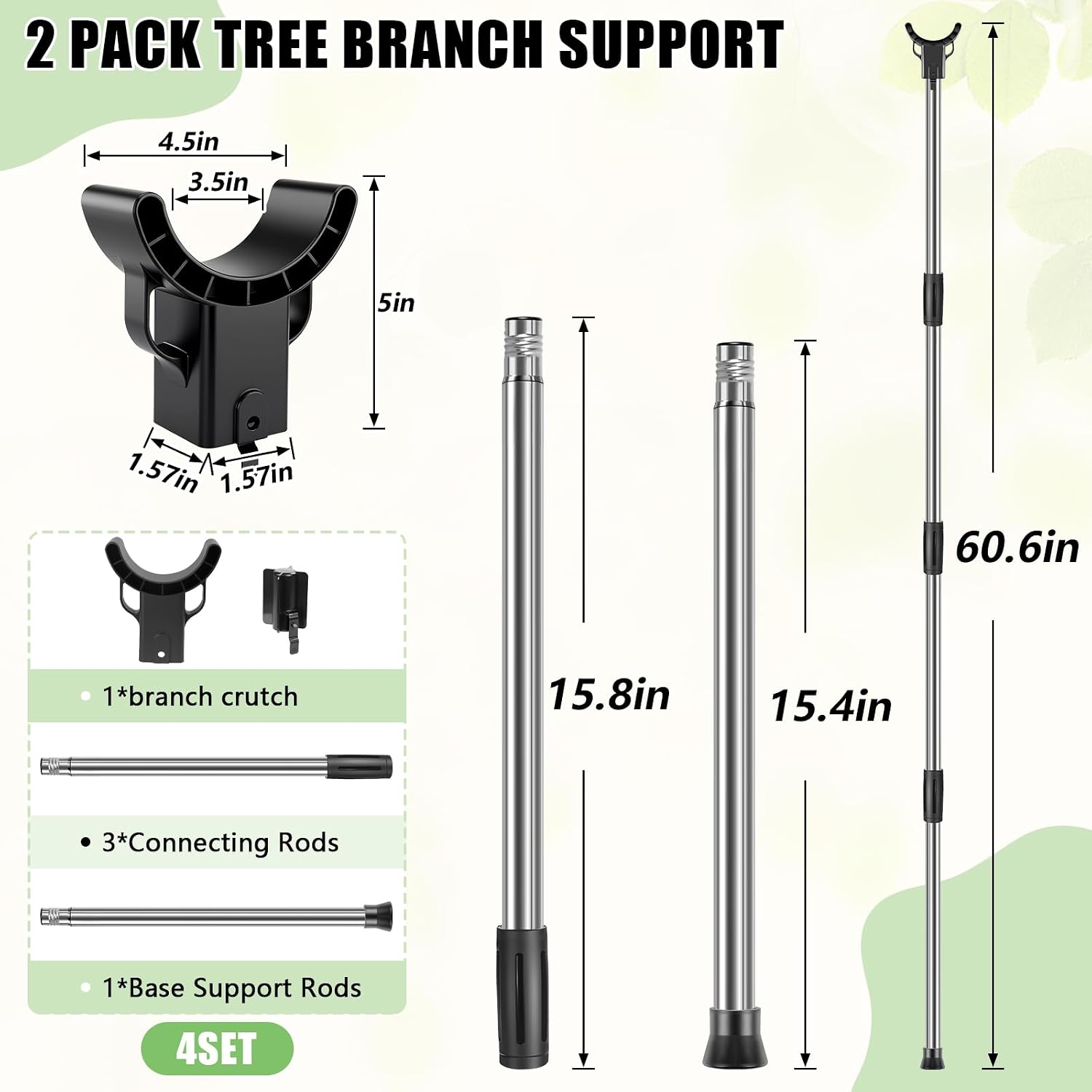 2 Set Adjustable Tree Branch Support, 18"-60" Tree Support Pole with Crutch | Stainless Steel Fruit Tree Branch Support