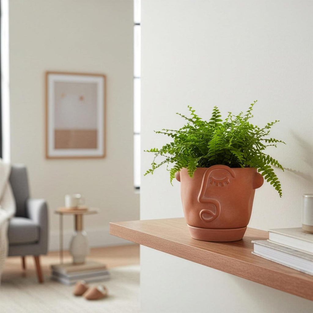 HERDUK 6 Inch Terracotta Abstract Face Planter with Drainage & Saucer – Artistic Ceramic Flower Pot for Indoor Plants