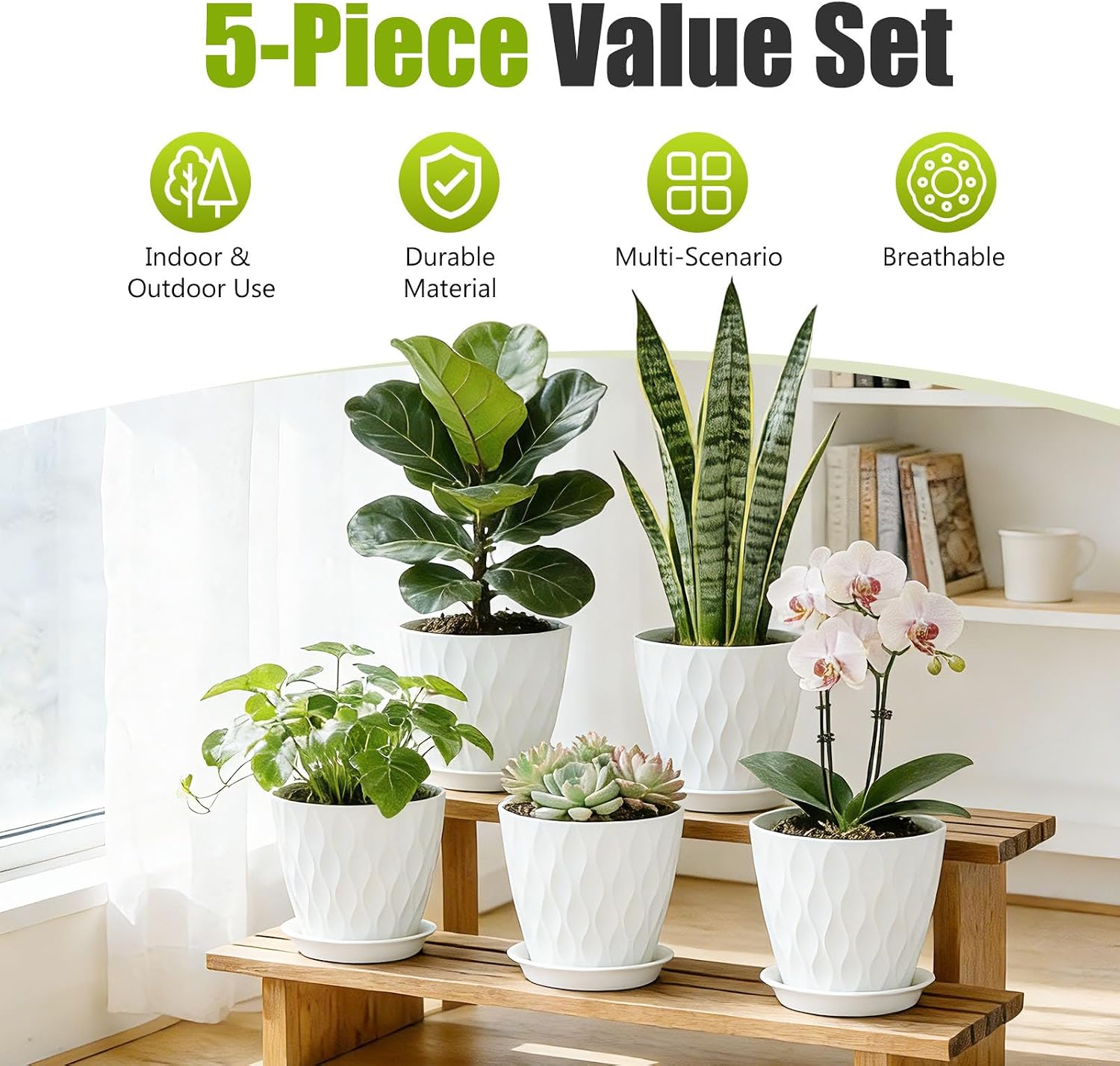 8 Inch Plastic Plant Pots,Set of 5 Flower Pots,Planters with Drainage Holes & Saucers, Indoor Outdoor Garden Pots for