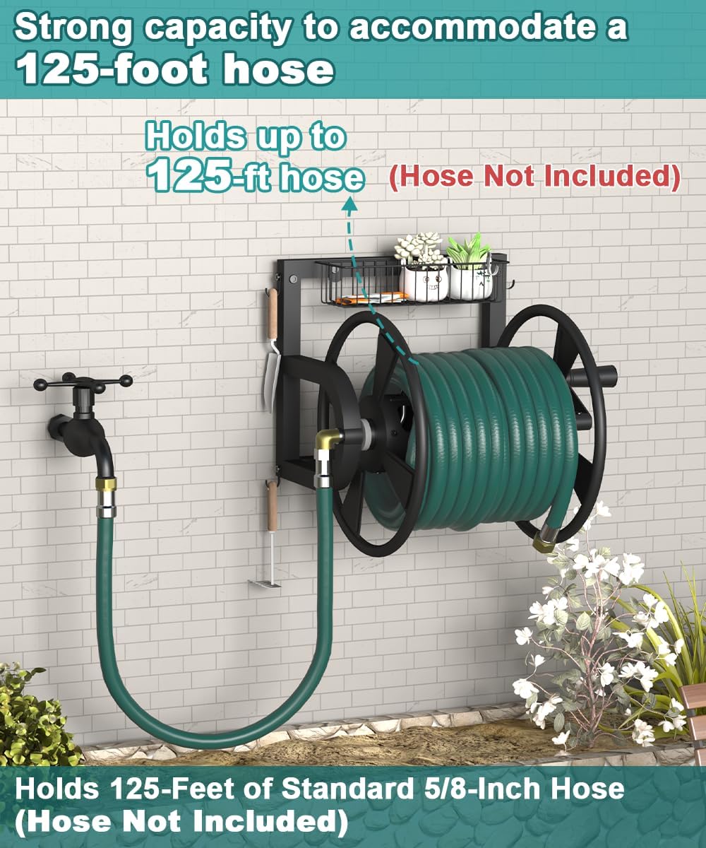 Outdoor Wall Mounted Hose Reel with Hook, Garden Heavy-Duty Water Holder Winder with 3.9 ft Leader Hoses, Brass Fitting