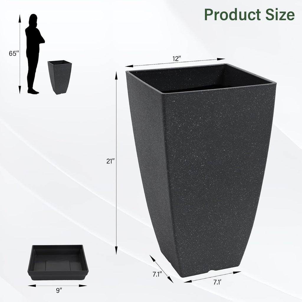 Neoaider Set of 2 Tall Planter, 21 inch Large Plastic Planter, Cement Gray | Ceramic-Look, Lightweight, Built-in Drain
