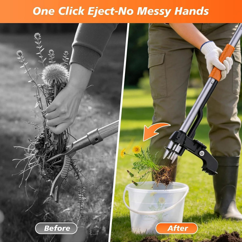 Stand Up Weed Puller Tool - 4-Claw Steel Head Hand Weeding Tool - 40" Retractable Handle with Easy-Eject Mechanism for