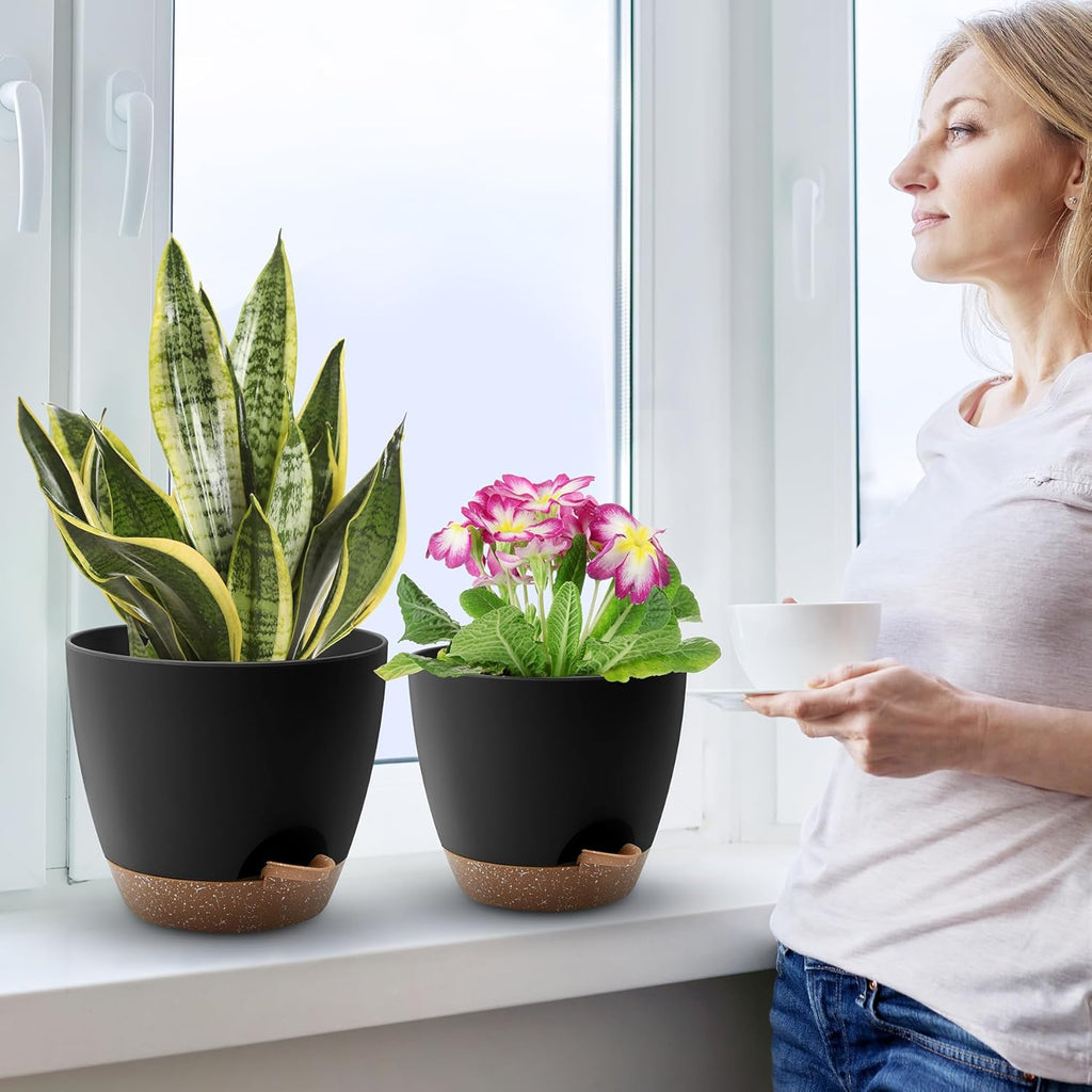 Plant Pots 10/9/8/7.5/7 Inch Self Watering Pots, Set of 5 Plastic Planters with Drainage Holes and Saucers,Plastic