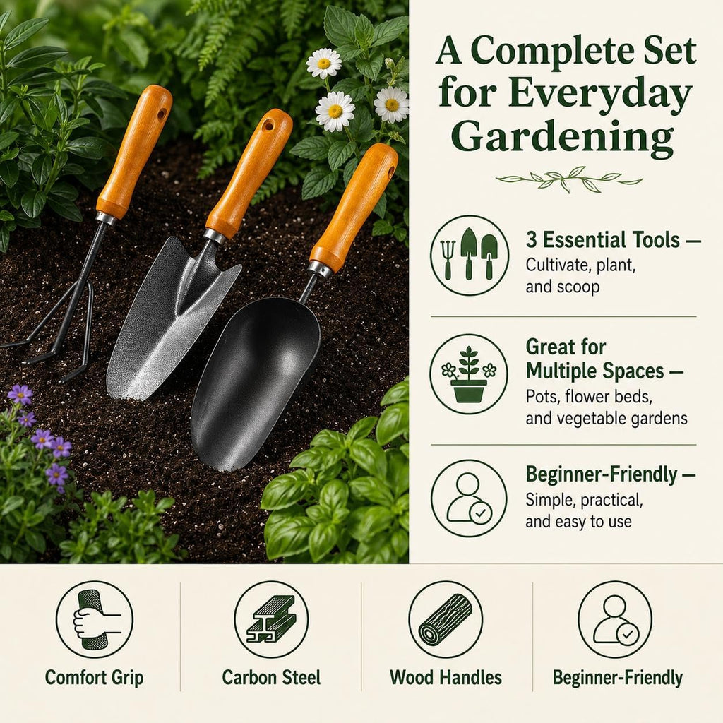 3-in-1 Heavy Duty Gardening Tools Kit, Premium Carbon Steel Garden Hand Tools with Ergonomic Wooden Handle Includes