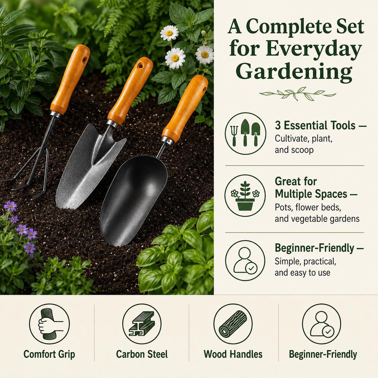 3-in-1 Heavy Duty Gardening Tools Kit, Premium Carbon Steel Garden Hand Tools with Ergonomic Wooden Handle Includes