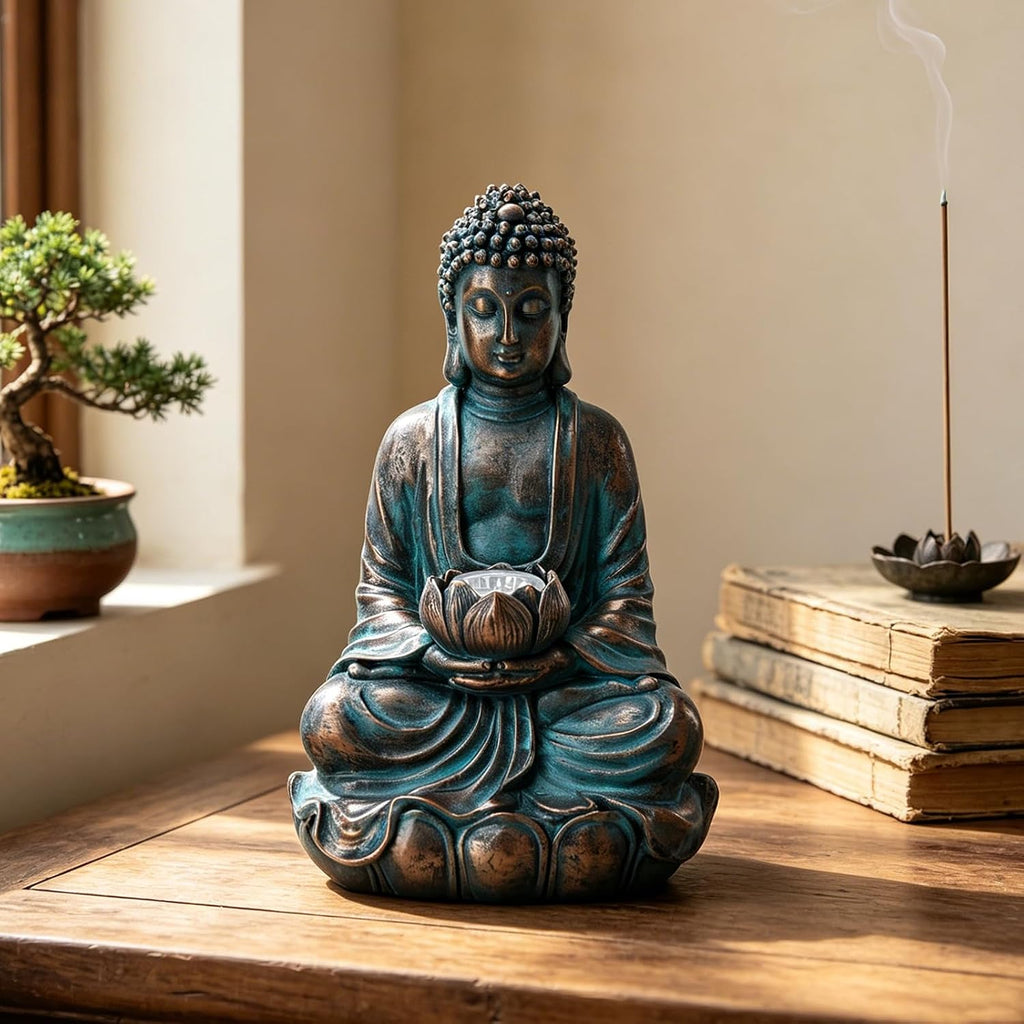 Bshine Buddha Statue Outdoor Solar Light with Lotus Lamp, Zen Garden Decor | Waterproof Buddha Garden Statues with