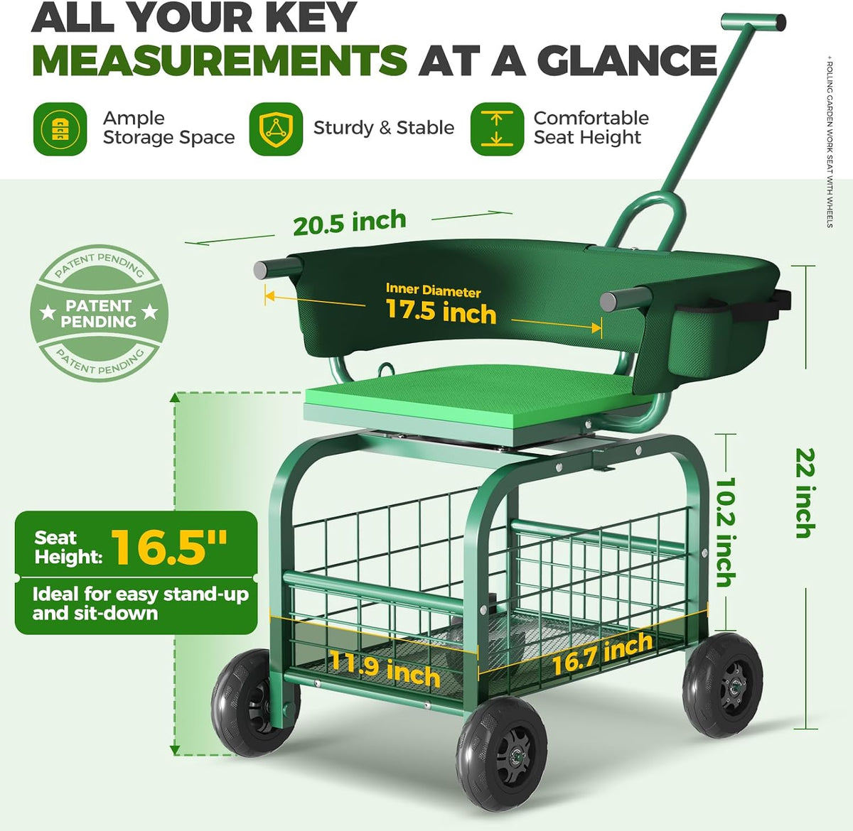 Suntee Garden Seat with Wheels, Rolling Gardening Stool with 360° Swivel Seat & Backrest,Tool Storage Basket & Back