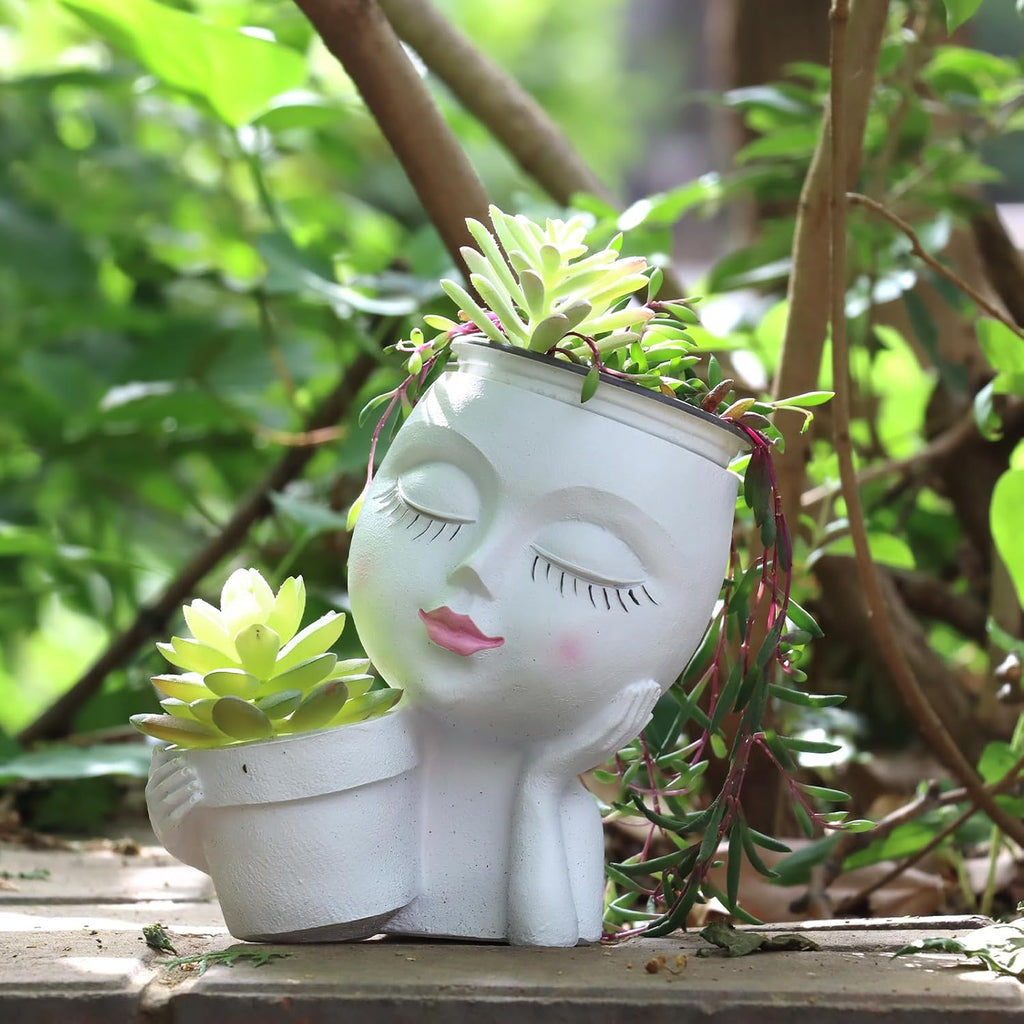Face Planter Pot, 2-in-1 Resin Head Planter with Mini Pot, Cute Lady Flower Pots with Drainage for Indoor Outdoor