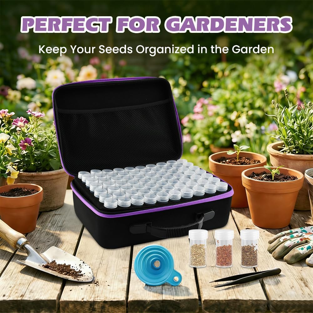Seed Storage Organizer Box with 140 Slots and Plastic Bottles, Portable Garden Seed Vault Kit with
