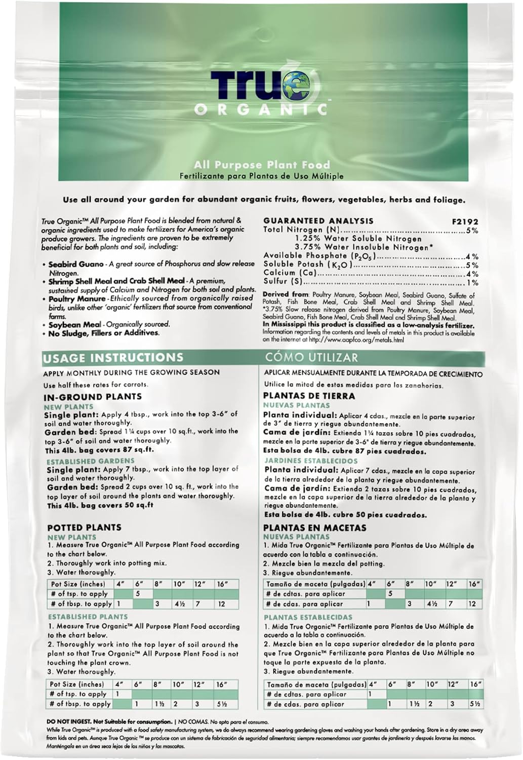 True Organic All Purpose Plant Food – Organic Fertilizer for Fruits, Vegetables, Flowers, and Herbs – 12lb Bag Covers
