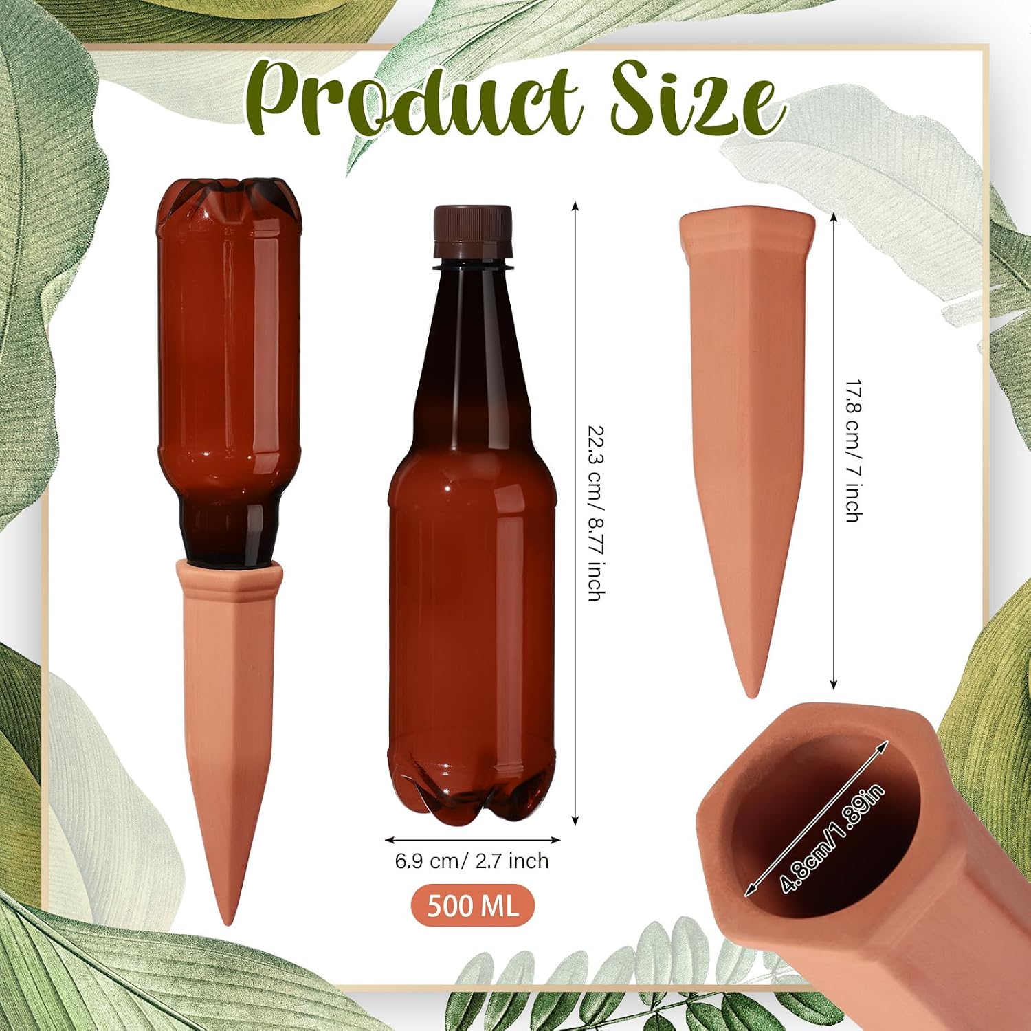 SiliFine 6 Sets Terracotta Self Watering Spikes with 26 oz Plastic Bottles, Plant Watering Devices Slow Release