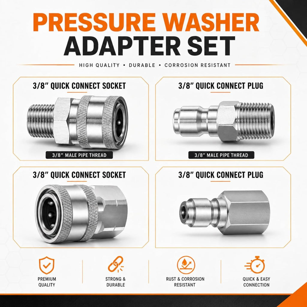 Hotop NPT 3/8 Inch Stainless Steel Male and Female Quick Connector Kit Pressure Washer Adapters(4 Sets)